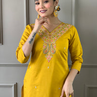 Mustard Classic Embroidery Design Kurta With Pant and Dupatta