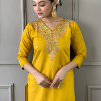 Mustard Classic Embroidery Design Kurta With Pant and Dupatta