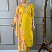 Mustard Classic Embroidery Design Kurta With Pant and Dupatta