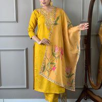 Mustard Classic Embroidery Design Kurta With Pant and Dupatta