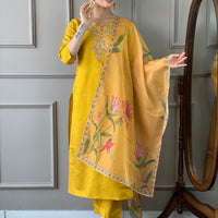 Mustard Classic Embroidery Design Kurta With Pant and Dupatta