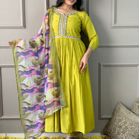 Lemon Yellow Viscose Chanderi  Kurta with bottom and dupatta