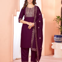 Wine Embroidered Kurta set With Bottom Wear and Dupatta