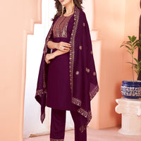 Wine Embroidered Kurta set With Bottom Wear and Dupatta