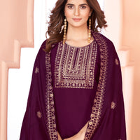 Wine Embroidered Kurta set With Bottom Wear and Dupatta