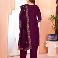 Wine Embroidered Kurta set With Bottom Wear and Dupatta