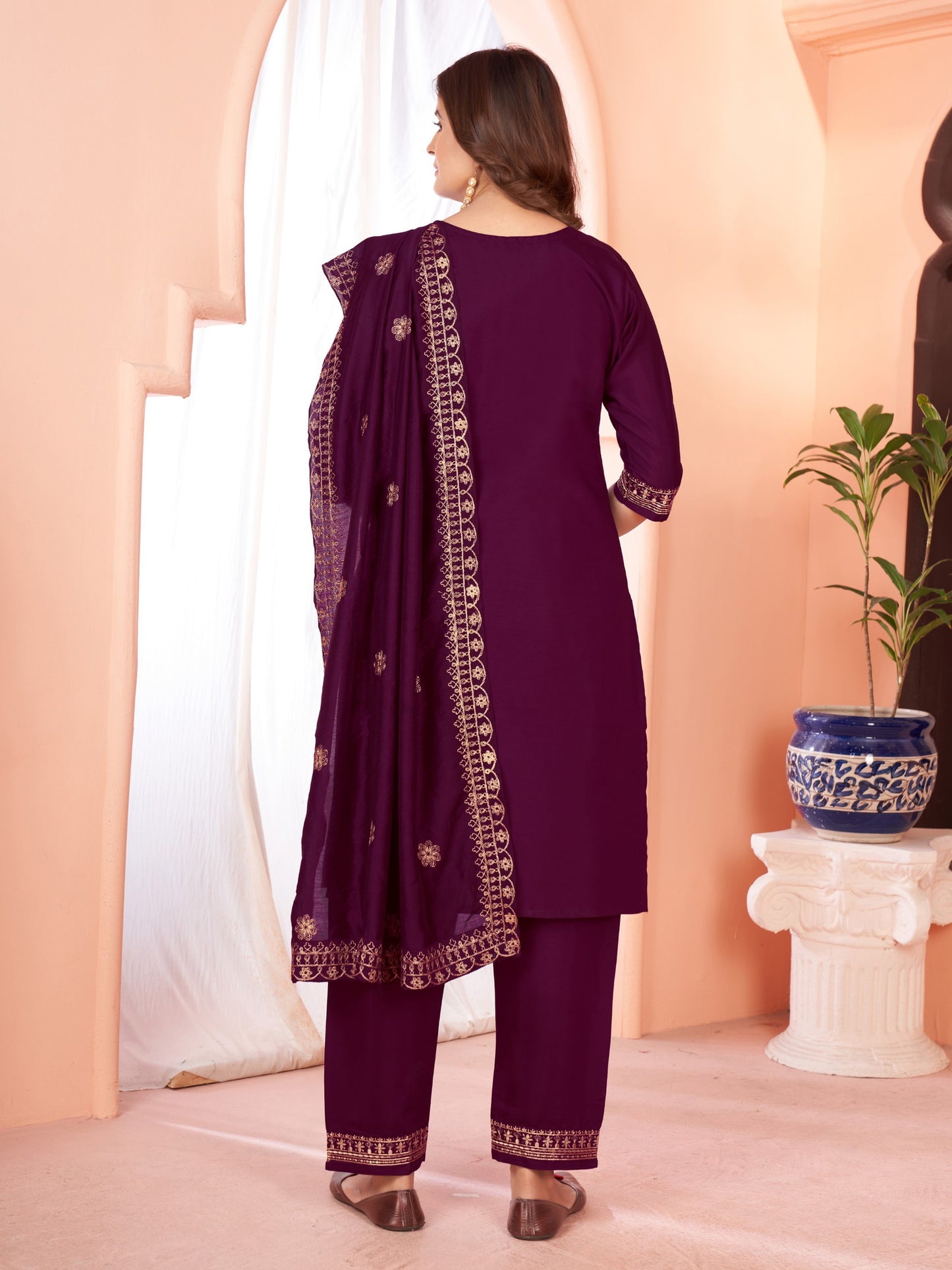 Wine Embroidered Kurta set With Bottom Wear and Dupatta