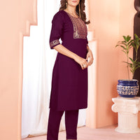 Wine Embroidered Kurta set With Bottom Wear and Dupatta