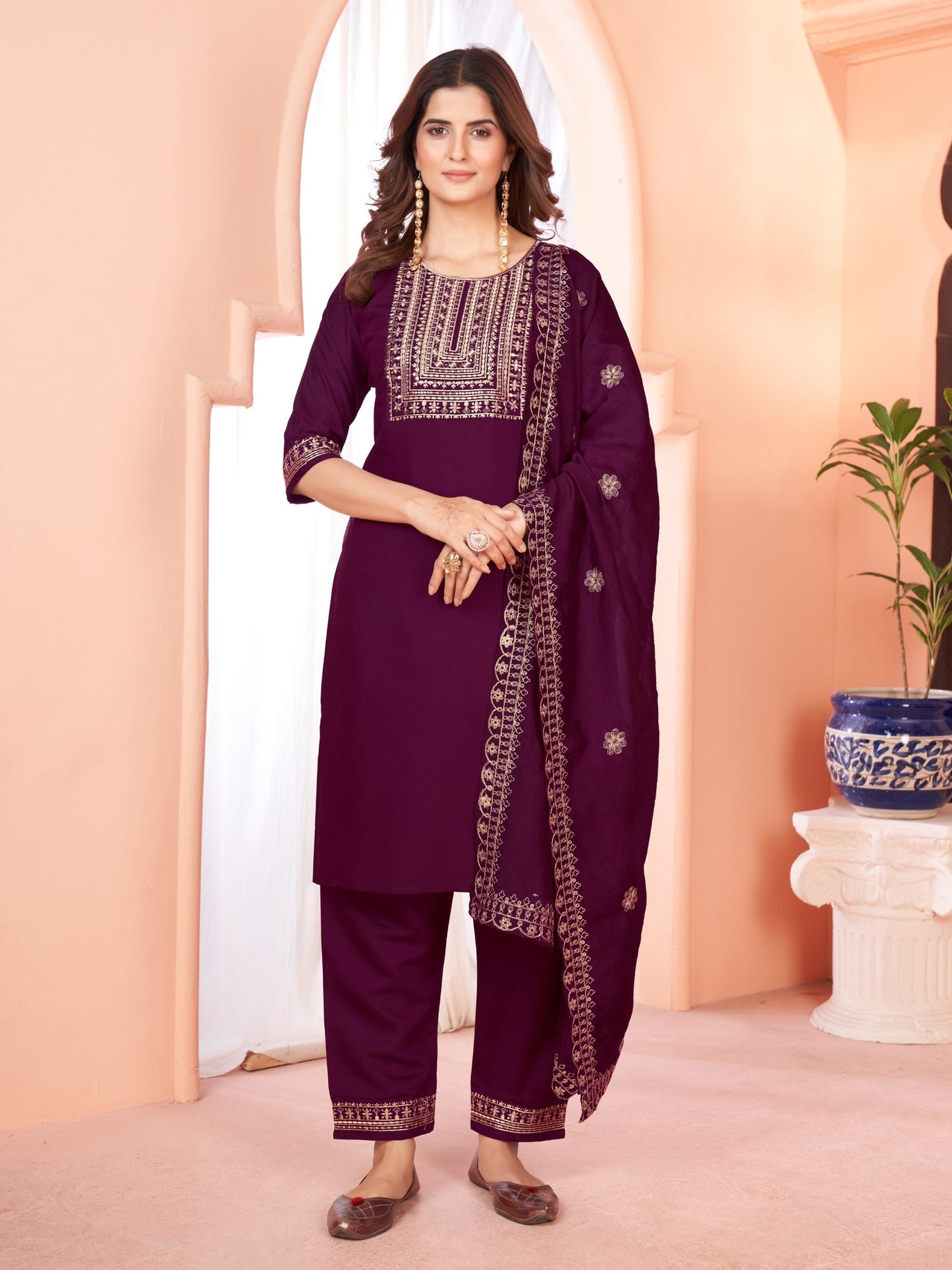 Wine Embroidered Kurta set With Bottom Wear and Dupatta