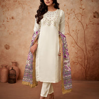 Women Embroidered Straight Kurta with Pants & Dupatta in White Color