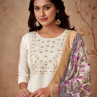 Women Embroidered Straight Kurta with Pants & Dupatta in White Color