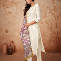 Women Embroidered Straight Kurta with Pants & Dupatta in White Color