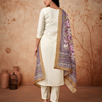 Women Embroidered Straight Kurta with Pants & Dupatta in White Color