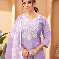 Beautiful and Simple Lavender colour Embroidered Kurta set With Bottom and Dupatta