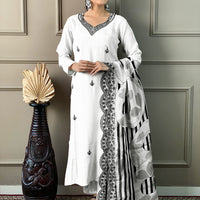 Women"s Off-White Embroidery Straight Kurta Pant With Dupatta