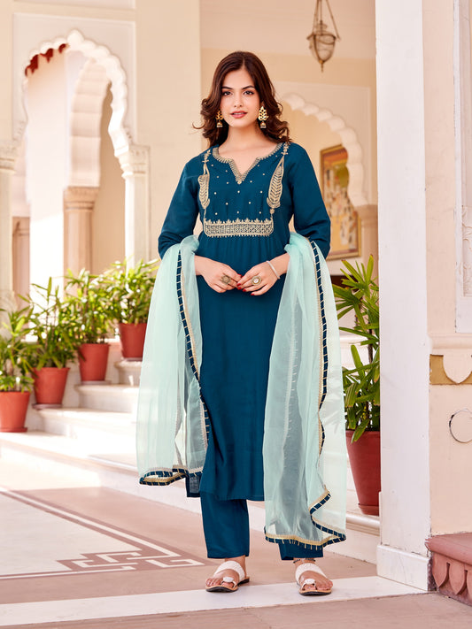 Women's Beautiful Petrol Colour Kurta With Pant And  Dupatta