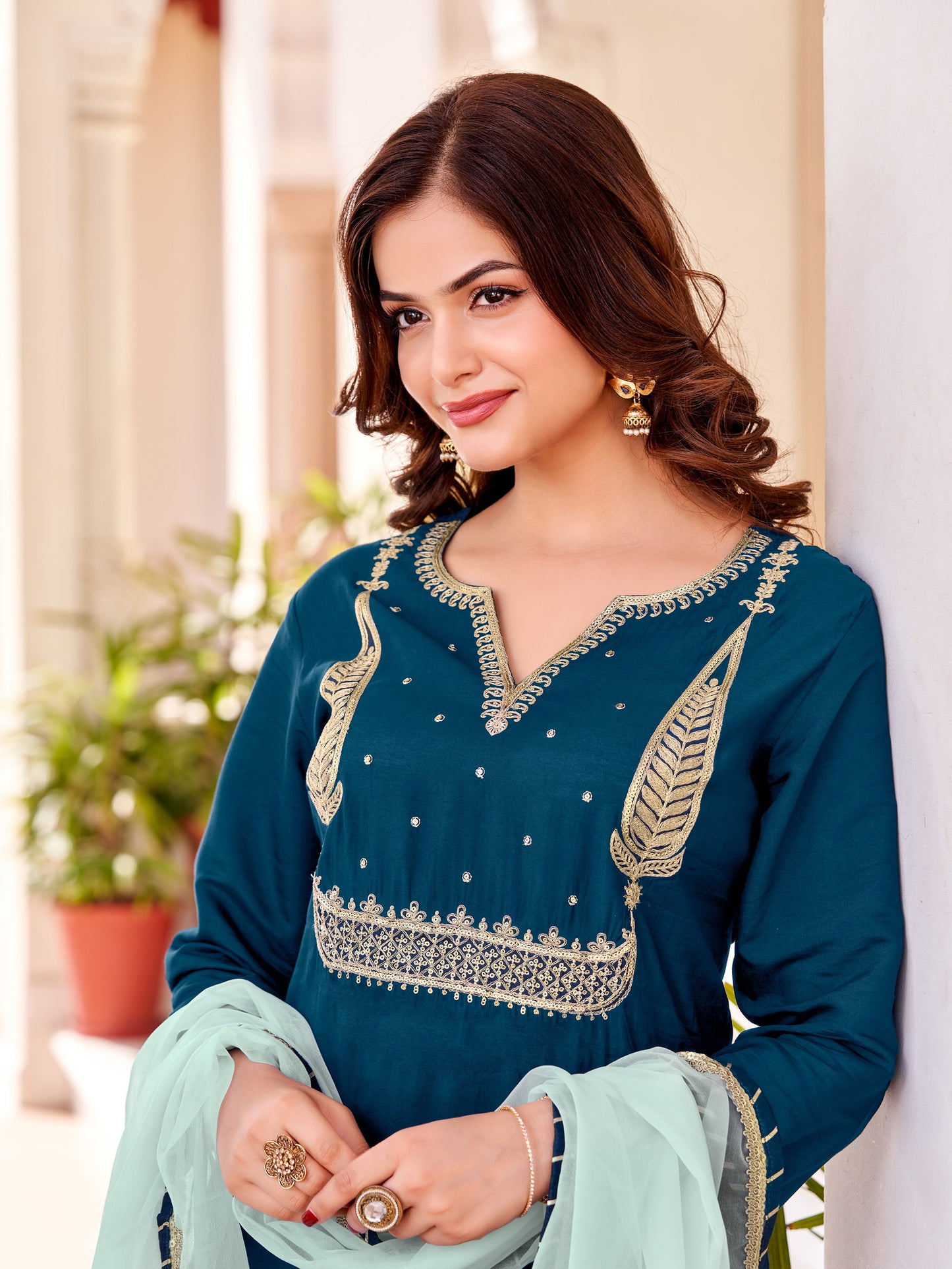 Women's Beautiful Petrol Colour Kurta With Pant And  Dupatta