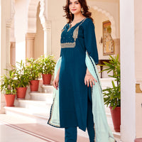 Women's Beautiful Petrol Colour Kurta With Pant And  Dupatta