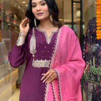 Women's Beautiful Wine Colour Kurta With Pant And Dupatta