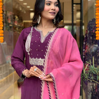 Women's Beautiful Wine Colour Kurta With Pant And Dupatta