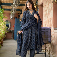 Floral Printed Kurta With Bottom Wear and Dupatta in Blue Color