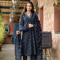 Floral Printed Kurta With Bottom Wear and Dupatta in Blue Color