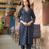 Floral Printed Kurta With Bottom Wear and Dupatta in Blue Color