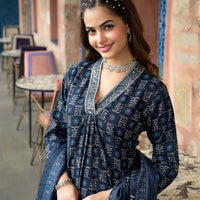 Floral Printed Kurta With Bottom Wear and Dupatta in Blue Color