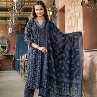 Floral Printed Kurta With Bottom Wear and Dupatta in Blue Color