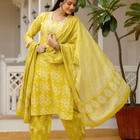 Printed Yellow Kurta Set with Bottom Wear and Dupatta