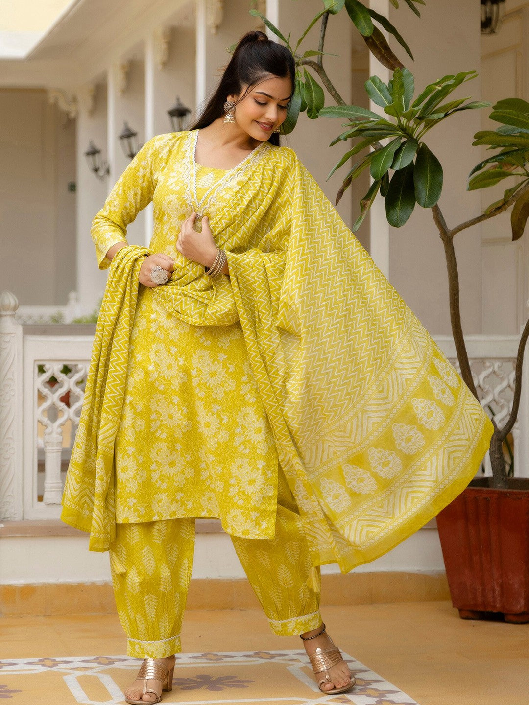 Printed Yellow Kurta Set with Bottom Wear and Dupatta