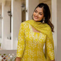 Printed Yellow Kurta Set with Bottom Wear and Dupatta