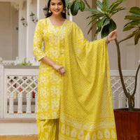 Printed Yellow Kurta Set with Bottom Wear and Dupatta