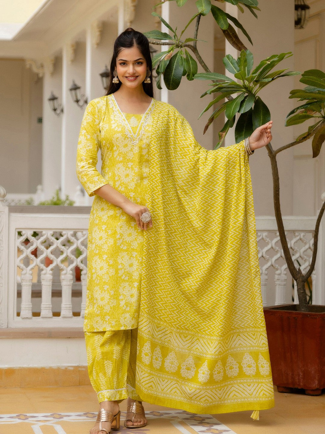 Printed Yellow Kurta Set with Bottom Wear and Dupatta