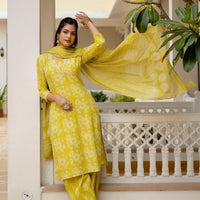 Printed Yellow Kurta Set with Bottom Wear and Dupatta