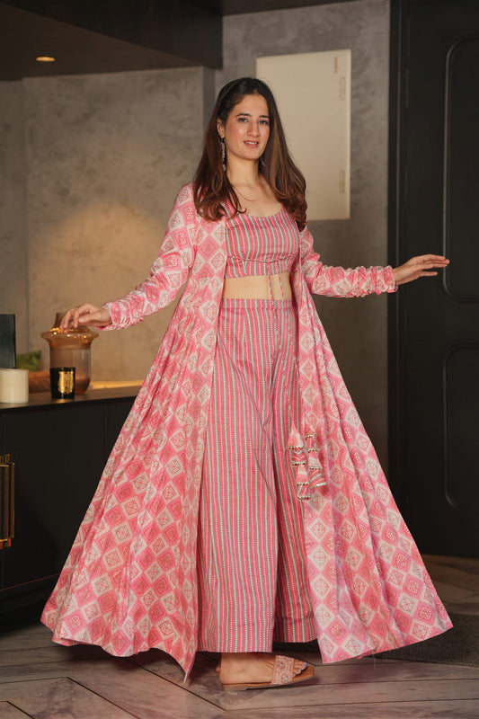 Barbie Pink Printed Shrug Style Indo Western Gown For Women